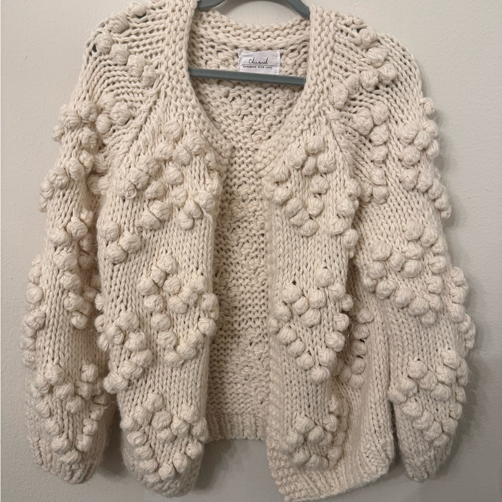 Chicwish Ivory Chunky Pom-Pom Knit Cardigan - Picture 2 of 5